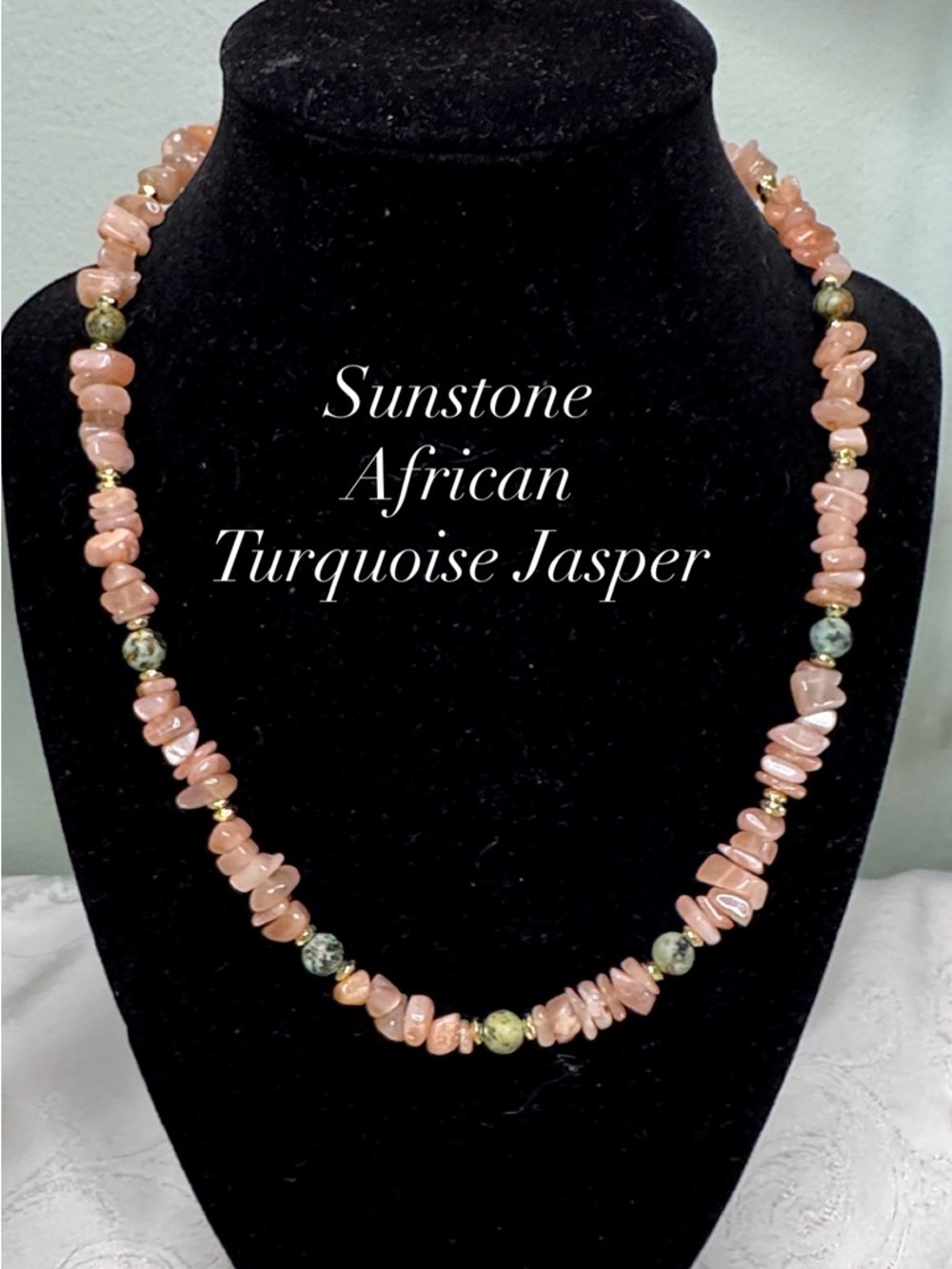 18” Sunstone and African Turquoise Jasper Gemstone Chip Necklace - Handcrafted